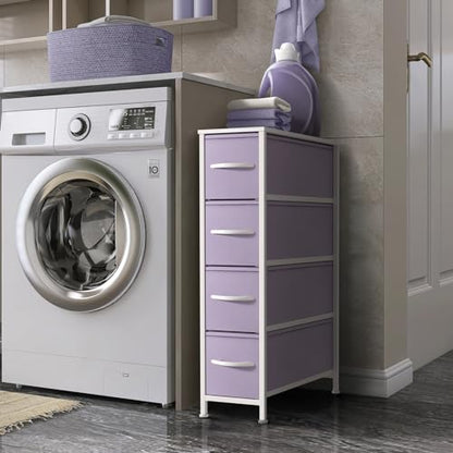Sorbus Kids Narrow Dresser with 4 Drawers - Vertical Slim Storage Chest of Drawers with Steel Frame, Wood Top & Easy Pull Fabric Bins for Small Spaces, Closets, Bedroom, Bathroom & Laundry - color: Pastel Purple, style: 4 Drawer