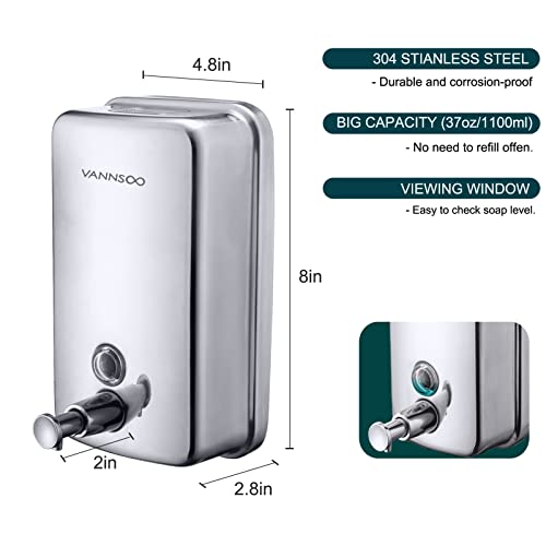 Commercial Soap Dispenser Wall Mount Stainless Steel, 37 fl.oz. | 1100ml Manual Liquid Pump Rust-Proof Leak Free for Bathroom - size: 37 fl oz