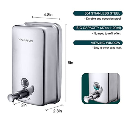 Commercial Soap Dispenser Wall Mount Stainless Steel, 37 fl.oz. | 1100ml Manual Liquid Pump Rust-Proof Leak Free for Bathroom - size: 37 fl oz