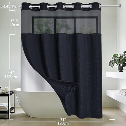 Conbo Mio No Hook Waffle Weave Shower Curtain with Snap in Liner Set, Hotel Luxury Black Shower Curtains for Bathroom with See Through Top Window, Waterproof, Washable 71W x 74H - color: Waffle-black, size: 71"W x 74"L (Pack of 1)