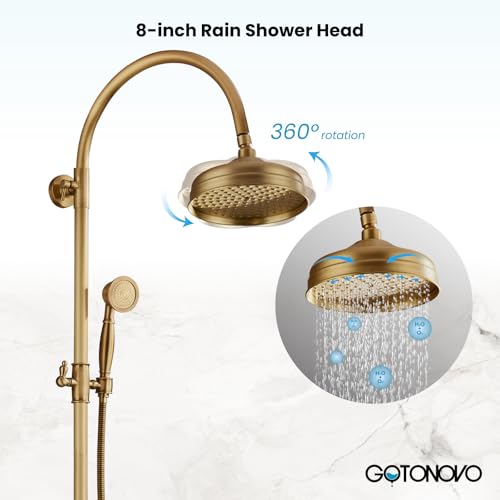 gotonovo Exposed Shower Faucet Set with Tub Spout Antique Brass | Brass Bathroom Shower System,8 Inch Rainfall Head with Handheld Spray and Tub Filler,Adjustable Height,6’’ Hole Distance - color: Antique Gold