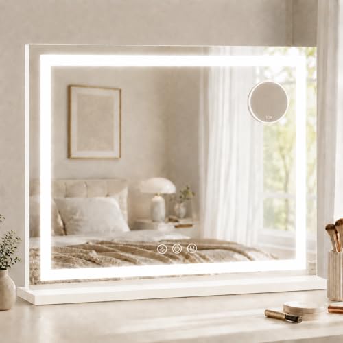 HNV 22.8"x18" Lighted Vanity Mirror, White | 22.8" x 18" tabletop vanity mirror with 3-color dimmable lighting, detachable 10X mirror, and HD tempered glass. - color: White, size: 22.8"L x 18"W