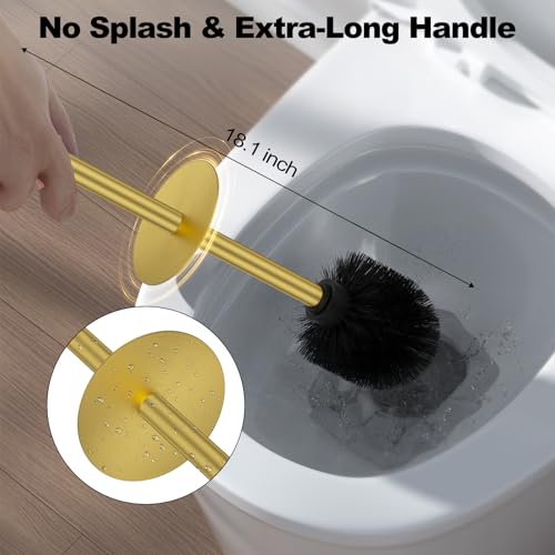Brass Gold Toilet Brush and Holder Set，Stainless Steel Heavy Duty Toilet Bowl Brush，Extra Long Handled Modern Toilet Cleaner Brush with Replaceable Head, Removable Inner Bowl, and Splash Protection - color: Brass Gold, size: 1 Pack