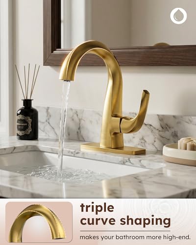 WOWOW Single Handle Bathroom Faucet 1 Hole High Arc Bathroom Basin Faucet Gold with Pop Up Drain, Solid Brass Commercial Bathroom Sink Faucet Basin Vanity Bar Faucet (Patented Product) - color: Gold