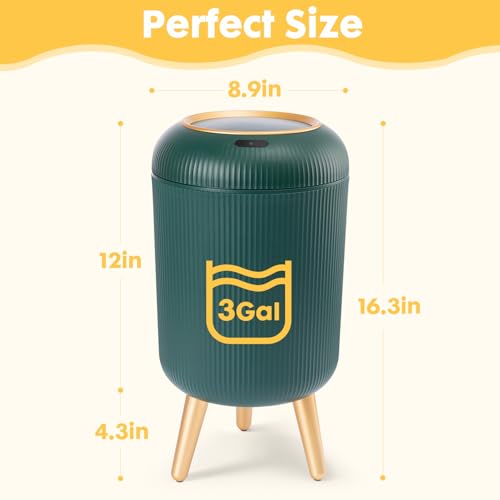Bathroom Trash Can Automatic Touchless,Gold Green Small Garbage Can | 3 Gallon Smart Sensor Trash Bin,Plastic Waste basket with Lid and Legs Touchless Trash Bin for Kitchen,Bedroom,Toilet,Office - color: Green