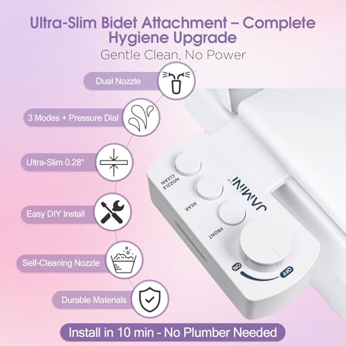 Jamini Ultra-Slim Detachable Bidet Attachment for Toilet – Non-Electric Cold Water, Self-Retraction Dual Nozzles, Step-less Pressure Dial, Dedicated Cleaning Mode, CA65 Certified - style: Signature Dial – Top
