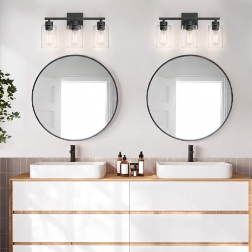 Matte Black Bathroom Vanity Light, 3-Light Vanity Lighting fixtures Over Mirror, Round Design & UL Certification, Wall Sconces with Clear Glass Shades, E26 Socket (Bulbs Not Included) - color: Black-round, size: 3 Light