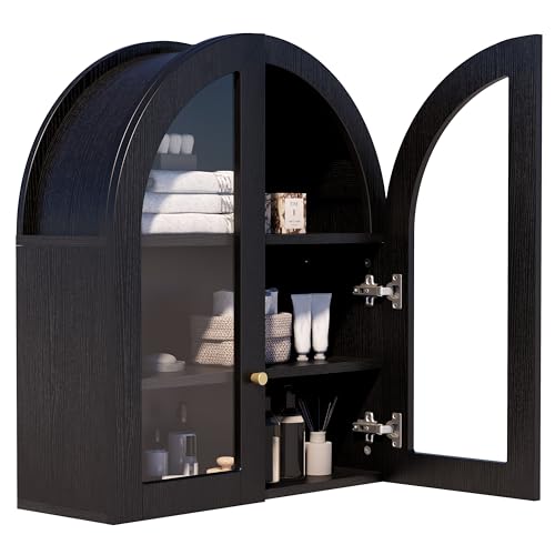 Arched Wall Cabinet, Black Wood Grain Bathroom Cabinet, Wall Mounted Medicine Cabinet with Tempered Glass Door & Adjustable Shelf, Modern Floating Storage Organizer for Home - color: Black