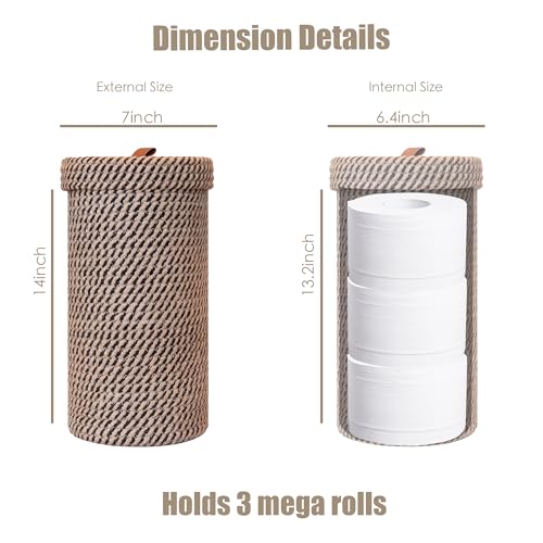 Handmade Cotton & Jute Toilet Paper Holder – Woven Toilet Paper Stand & Storage Basket with Lid, Freestanding Organizer for Bathroom, Fits 3 Mega Rolls 14" x 7'' - color: Black