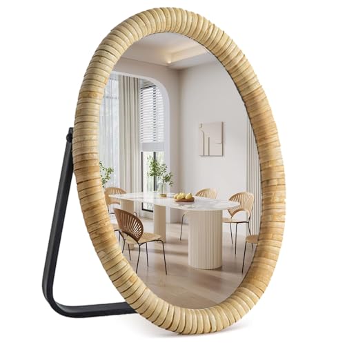 Vanity Table Desk Rattan Mirror 11.8'' x 7.8'',Boho Oval Makeup Mirror with Metal Stand,Portable Small Standing Countertop Mirror,Room Decor for Dresser,Tabletop, Bathroom,Bedroom,Living Room,Office