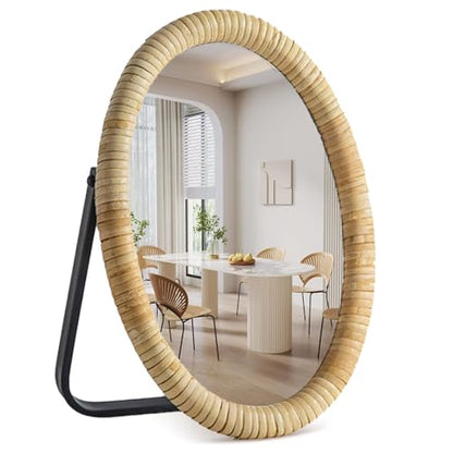 Vanity Table Desk Rattan Mirror 11.8'' x 7.8'',Boho Oval Makeup Mirror with Metal Stand,Portable Small Standing Countertop Mirror,Room Decor for Dresser,Tabletop, Bathroom,Bedroom,Living Room,Office