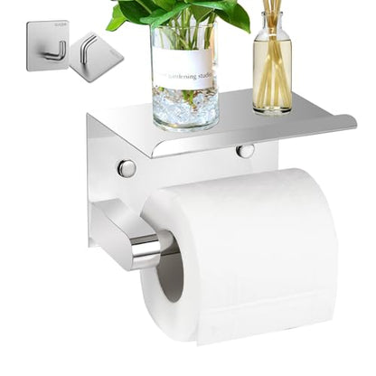 Self Adhesive or Screw Wall Mounted Toilet Paper Roll Holder with Phone Shelf, SUS 304 Stainless Steel Wall Mounted Toilet Paper Roll Holder - Stainless Steel Bathroom Hardware Set (Shiny) - color: Shiny