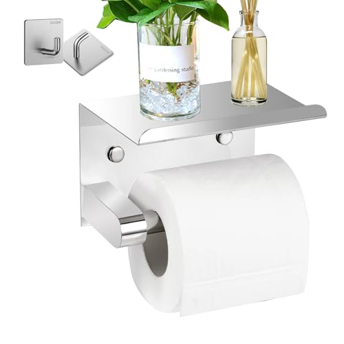 Self Adhesive or Screw Wall Mounted Toilet Paper Roll Holder with Phone Shelf, SUS 304 Stainless Steel Wall Mounted Toilet Paper Roll Holder - Stainless Steel Bathroom Hardware Set (Shiny) - color: Shiny