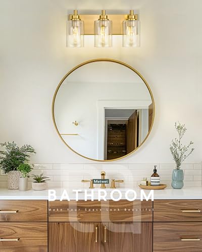 3-Light Brushed Gold Bathroom Vanity Light, Clear Cylinder Glass | 16.5" modern bathroom light fixtures over mirror, E26 base, bulbs not included, VL143-BG-3 - color: Brushed Gold, Cylinder Glass Shade, size: 3-light