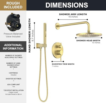 Lava Odoro Modern 2-Setting Round Rain Shower System, Gold Rainfall Shower Faucet Set Rain Shower Head and Handle Set, Shower Valve Trim Kit, 10 Inch, Brushed Gold, SF104-SG - color: Brushed Gold, style: Without Tub Spout