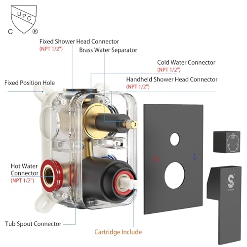 SR SUN RISE 12 Inch All Metal Square Shower System with Tub Spout, Tub Shower Faucet Set, High Pressure Rain Shower Head and Handheld Sprayer Shower Fixtues, Valve Included, Matte Black - color: Matte Black, size: 12 Inch