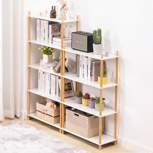 5-Tier Expandable Freestanding Open Bamboo Book Shelf - No-Tool Assembly & Modular,Bathroom Storage Shelf Unit Plant Stand for Small Space, Bedroom, Living Room, Home Office (White, 5-Tier) - color: White 5-tier-1