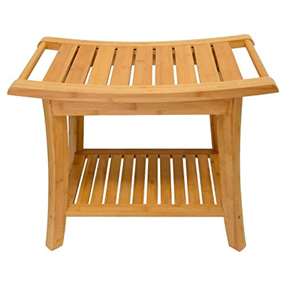Small Bamboo Shower Bench, Non-Slip Bathroom Chair, Tub Side Bath Stool | Waterproof Spa Bench for Inside Shower, Storage Shelf & Safety Handle Design, Ideal for Elderly, Supports 300 lbs, Nature - size: 24 x 13.4 x 18.5 inches+Beige
