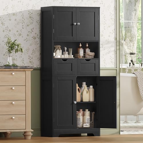 Iwell 57.8" H Tall Storage Cabinet with 2 Drawers & 2 Adjustable Shelves, Kitchen Cabinet with 4 Doors, Tall Cabinet for Living Room, Dining Room, Entryway, Black - color: Black-4 Shelves