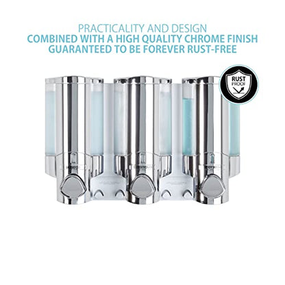 Better Living Aviva Shower Dispenser 3 Chamber,Wall Mount Shower Soap Pump Dispenser for Bathroom Hotel Body Wash,Built-in Hooks,No Drill,Waterproof Shampoo SoapDispenser 3 x 11 oz,Chrome (Pack of 6) - size: (Pack of 6)