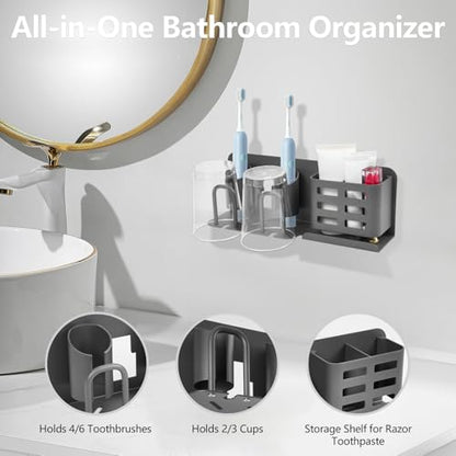 Electric Toothbrush Holder Wall Mounted - Aluminum, 3-Slot, Gray | Rust-proof Aluminum, Built-in Shelf. No-drill Mount. Holds 2 Brushes. Perfect Small Bathroom Storage - size: 3 Slots