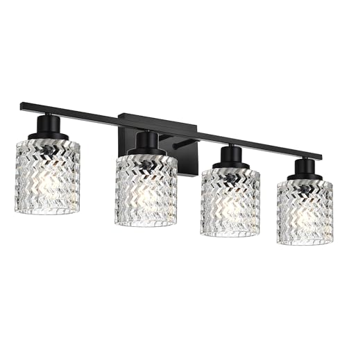 MELUCEE 4 Lights Black Bathroom Light Fixtures with Hammered Glass Shade | Indoor Metal Vanity Light Wall Lights for Powder Room Hallway Kitchen, E26 Base - color: Black, size: 4 Lights