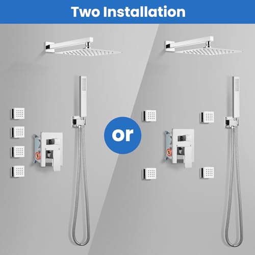 gotonovo Rainfall Shower System with Full Body Jets 4pcs Polished Chrome | 12’’ Rainfall Shower Head with Handheld Spray Combo,Wall Mount,Rough-in Valve and Trim Kit,Brass Body Message Jets,All Metal - color: Chrome