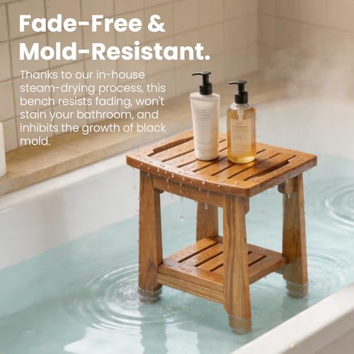 NNN 14" Compact Teak Shower Stool with Japan-Made Non-Slip Leveling Feet | US Patented Design, Marine-Grade Hardware, Pre-Oiled European Teak Oil, Ready, 300lb, for Small Baths Tubs & Outdoor Pools - size: 14"W x 10" Dx 17"H