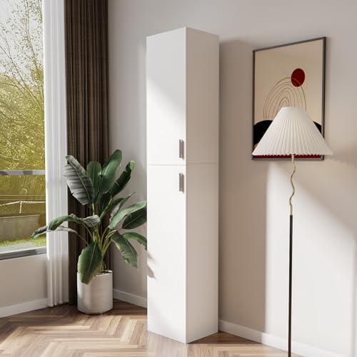 KEIKI Freestanding Slim Tall Storage Cabinet with Shelves, 2 Door, Wooden Narrow Organizer for Kitchen, Dining, Laundry, Living Room, Bathroom, Garage Pantry, Basement and Mudroom Organizing - color: White