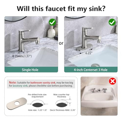 Bathroom Sink Faucet with Pull Out Sprayer, Single Handle Modern Bathroom Basin Faucet with Pop-up Sink Drain Stopper & Deck Plate 1 or 4-inch Centerset 3 Hole, Brushed Nickel - color: Brushed Nickel