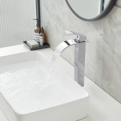 Chrome Bathroom Faucet Waterfall Vessel Sink Faucet Modern Stainless Steel | Single Handle One Hole Deck Mount,Bowl Vanity Sink Faucet,with Pop-up Drain Assembly and Supply Line,Lead-Free by Bathfinesse - color: Chrome