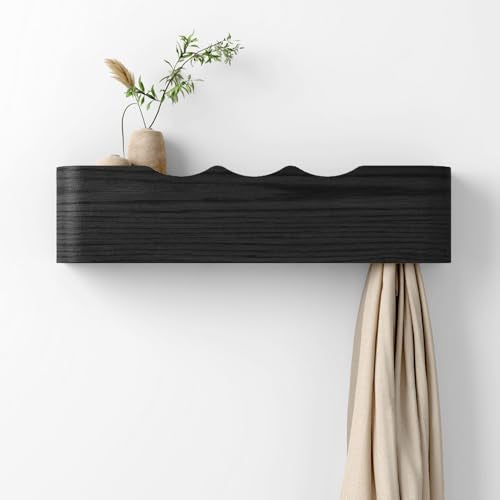 Coat Rack Wall Mount with Hidden Hooks, Wall Hooks with Shelf, Wall Key Holder Mount Wooden Shelf Entryway Hooks for Bedroom Bathroom for Hanging Coats Hats Bags Towels (Black Wave-Shape, 4 Hooks) - color: Black Wave-Shape, size: 4 Hooks