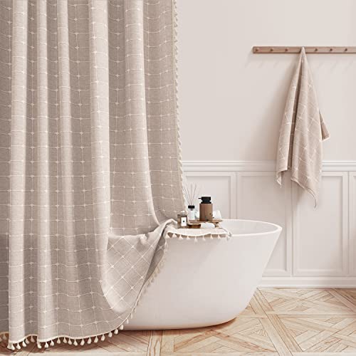 BTTN Stall Boho Farmhouse Linen Heavy Duty Shower Curtain, 36x72, Tan/Taupe | Half Size, 330GSM Linen Blend, 3-side Tassels, Water Repellent Fabric, 6 Plastic Hooks, Rustic Bohemian, Machine Washable - color: Taupe, size: 36"W x 72"L (Pack of 1)