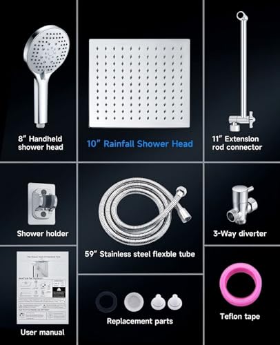 10 Inch Rainfall Shower Head with Handheld Combo and Extension Arm | Large rainfall shower head set with handheld sprayer, 11 inch adjustable arm, 59 inch hose, standard 1/2 inch wall connection - color: Polished, size: 10 Inch