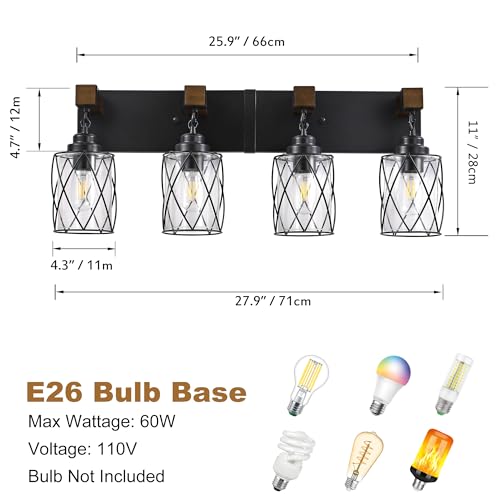 Bathroom Light Fixtures, Farmhouse Black Metal with Glass Shade | 4 Light Rustic Vanity Lights, Wood Accent Wire Cage Design, Mounts Over Mirror, Ideal for Bedroom & Hallway,Easy to Install - size: 4-Light