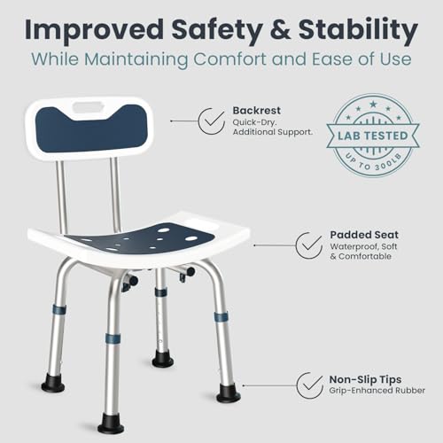 Pelegon Shower Chair for Inside Shower, Shower Bench with Back, Adjustable 15-19 in Height, Non-Slip Feet, Rust-Resistant Aluminum Bath Seat for Elderly and Disabled, 300 lb Capacity - Dark Blue - color: Dark Blue