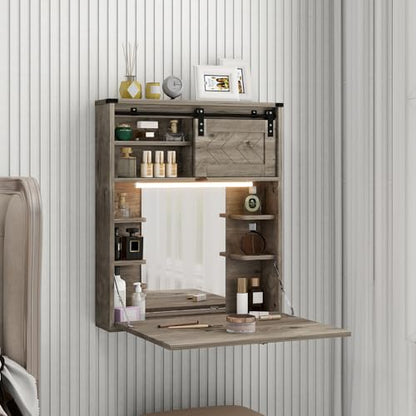 ARTETHYS Floating Vanity Desk with Mirror and Lights Small Wall Mounted Makeup Set with Storage Gray Farmhouse Dressing Table for Tiny Space - color: Grey