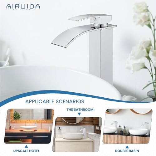 Airuida Vessel Sink Faucet,Chrome Polish Tall Waterfall Bathroom Faucet | Single Handle,Tall Bathroom Faucet 1 Hole,Vanity Faucet,without Drain,Bowl Bathroom Faucet - color: Chrome Polish