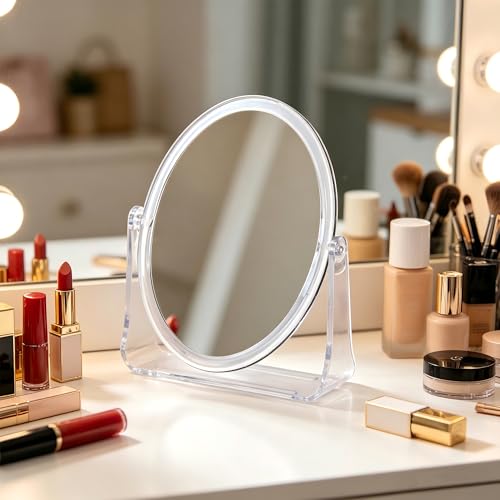 1x/1x Double-Sided Makeup Mirror, Clear Acrylic Desktop Mirror, 360-Degree Rotating Portable Desktop Mirror, Ideal for Makeup Application, Shaving, and Daily Skincare (Clear, Oval)