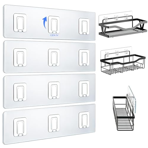 Shower Caddy Adhesive Replacement Hooks, Heavy Duty Waterproof Strips, No Drilling for Bathroom Shelves, Kitchen Racks, and Soap Holders (Transparent-4 Pack 3 Hook) - color: Transparent-4 Pack 3 Hook