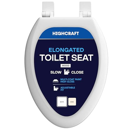 HIGHCRAFT Premium Elongated Toilet Seat with Slow-Close Design & Adjustable Hinges - Molded Wood Toilet Seat - Fits Standard Elongated Toilets - Oval Seat in White - color: White, size: Elongated
