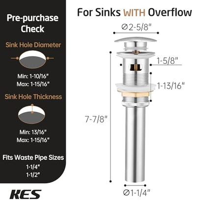 KES Bathroom Sink Drain with Overflow Vessel Vanity Sink Pop Up Drain Stopper Polished Chrome, ALL Metal Rustproof Brass and 304 Stainless Steel, S2008A-CH - color: Polished Chrome, style: With Overflow, 1 Pack