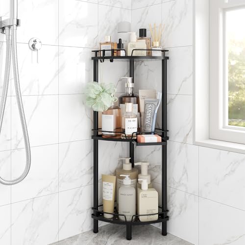 ELYKEN Corner Shower Caddy Standing, 3 Tier Metal Shower Organizer, Black | Stainless Steel Shower Shelves with Soap Holder, Adjustable Feet & 2 Hooks for Storing Bath Essentials in Bathroom corner - color: Black, size: 3 Tier