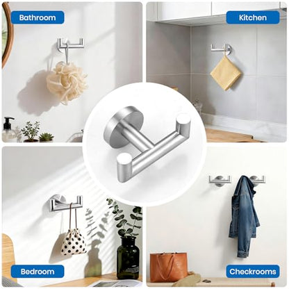 Shower Towel Hook, Wall Mount Robe Hook Holder, Brushed Nickel | Stainless Steel Material, Double Hooks Design, Rust-Resistant, Strong Load-bearing Capacity - color: Brushed Nickel