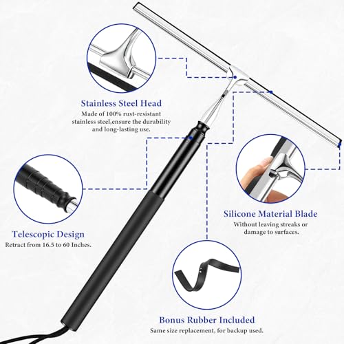 2-in-1 Window Shower Squeegee with Extension Pole for Glass Doors | Professional Window Cleaner Tool, 14" Wide Washing Equipment for High Outside Glass, Solar Panels, Shower, Car Windshield