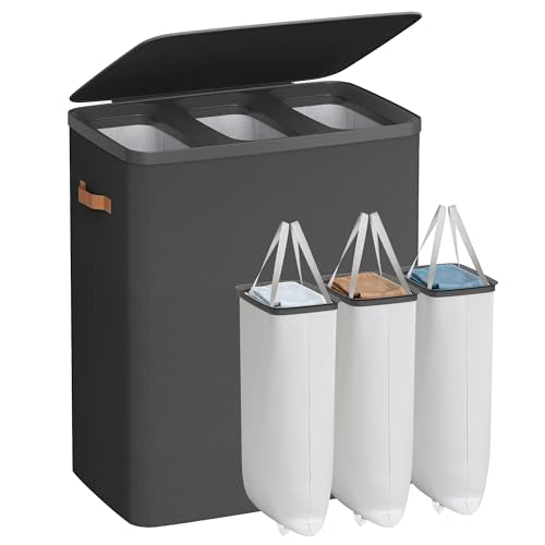 SONGMICS Laundry Basket, 50.2 Gal. Laundry Hamper, 3 Compartments, Easy Assembly, with Lid and Handles, Removable Liners, 25.2 x 15.7 x 29.5 Inches, Ink Black ULCB814BH01 - color: Ink Black, size: 190 L (3-Section)