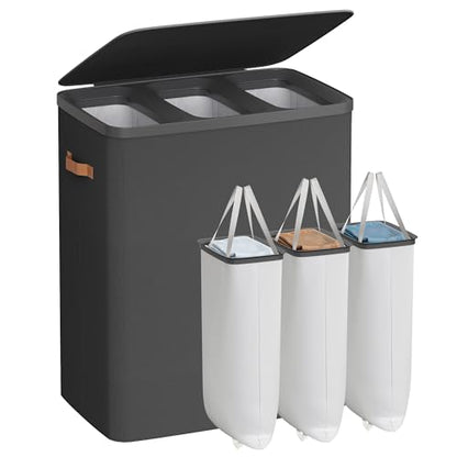 SONGMICS Laundry Basket, 50.2 Gal. Laundry Hamper, 3 Compartments, Easy Assembly, with Lid and Handles, Removable Liners, 25.2 x 15.7 x 29.5 Inches, Ink Black ULCB814BH01 - color: Ink Black, size: 190 L (3-Section)