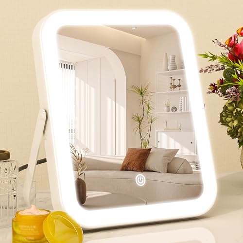 ROLOVE 8x10 Inch Lighted Vanity Mirror, 3-Color Dimmable LED Lighting & Touch Control, Portable Makeup Mirror with U-Bracket for Travel/Dressing Room (White) - size: 8"L x 10"W