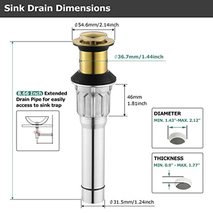 All Metal Bathroom Sink Drain Without Overflow, Stainless Steel Pop Up Drain for Lavatory Vanity Vessel Sink, Brushed Gold, 2108608 - color: Brushed Gold, style: Without Overflow