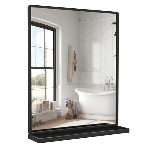 Bathroom Mirror with Shelf, Black Rectangle Wall Mirror Metal Frame, Hanging Horizontal or Vertical (24'' X 20'') - color: Black, size: 24.4"L x 20.3"W